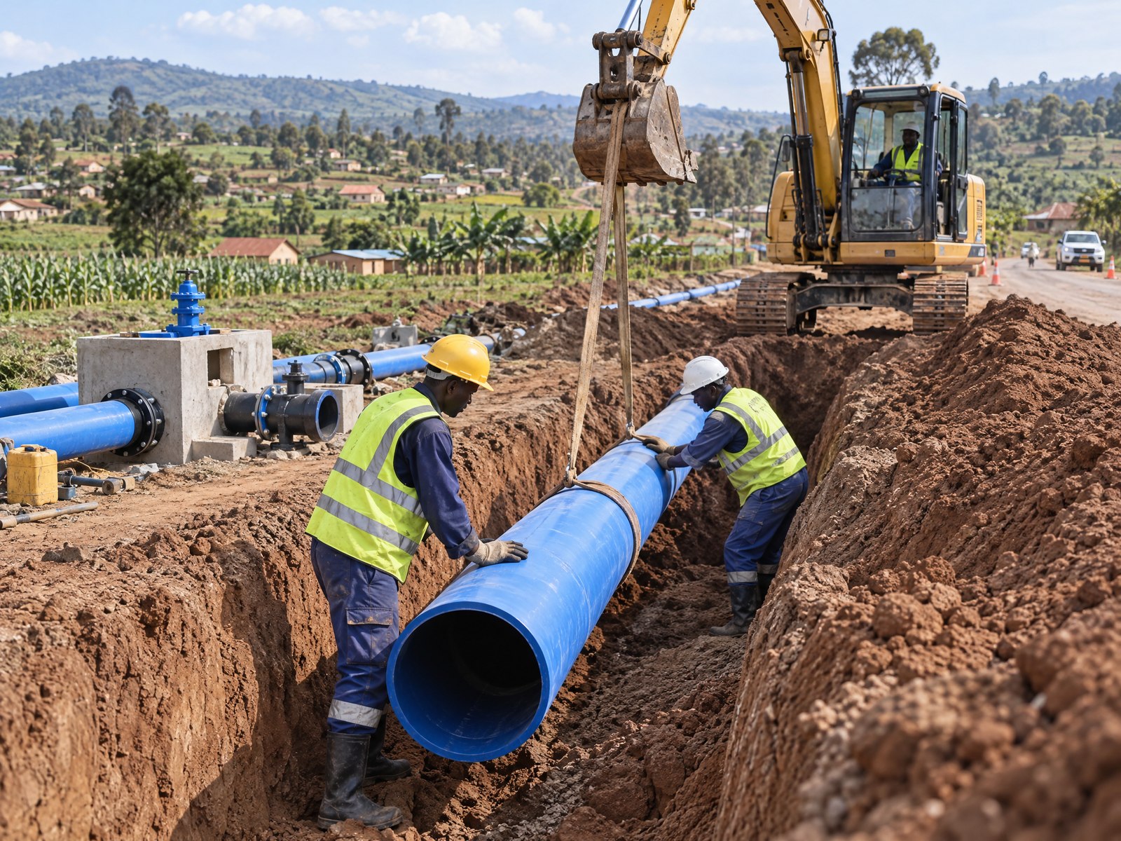 Water distribution pipeline being installed in a trench