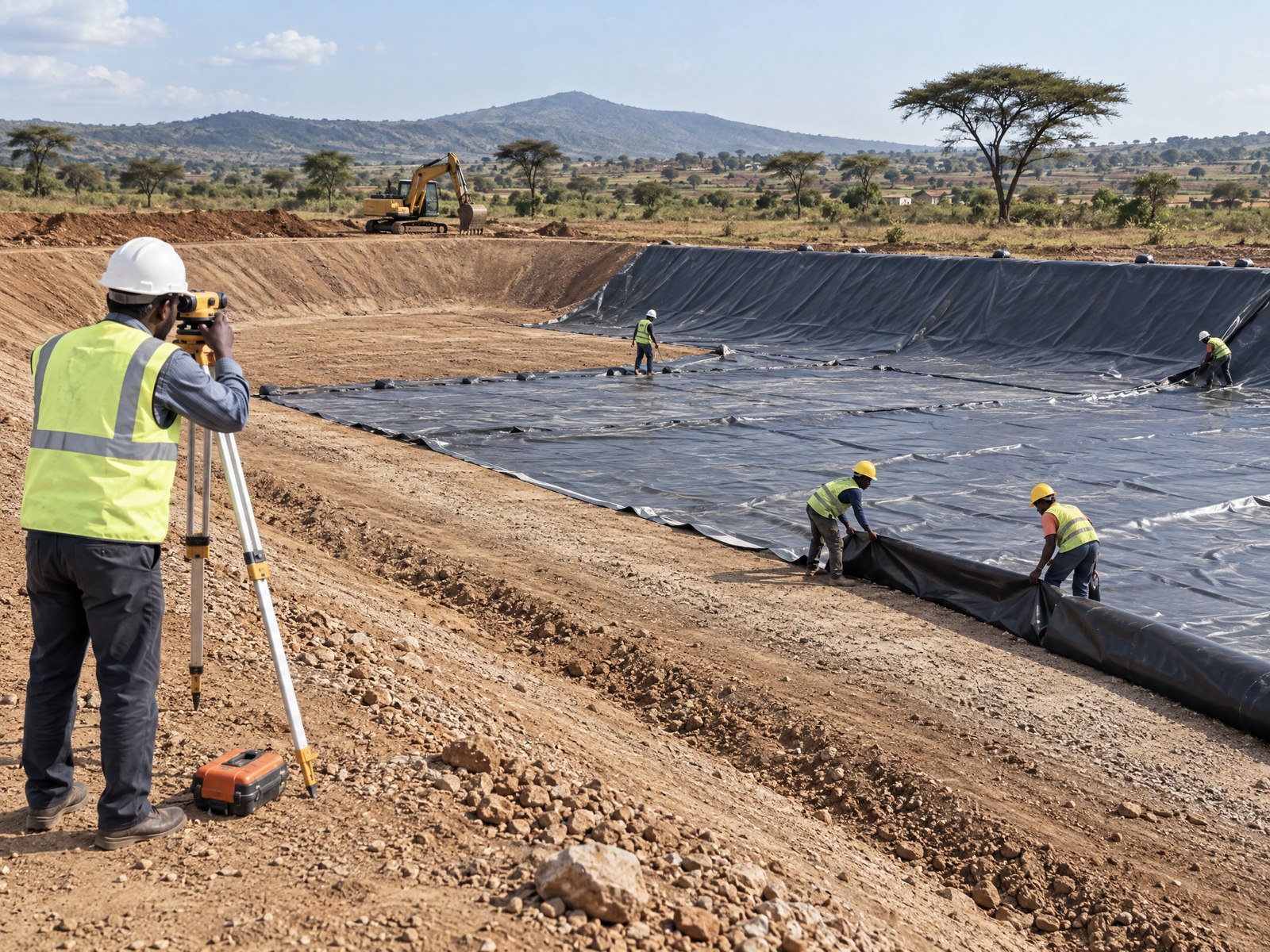 Water pan earthworks and liner installation in progress