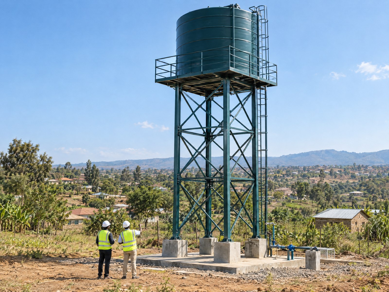 Elevated water tank and support tower beside a rural settlement